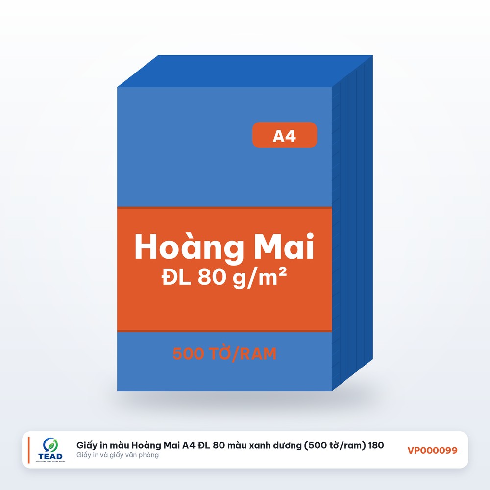 [VP000099] Giấy in màu Hoàng Mai A4 ĐL 80 màu xanh dương (500 tờ/ram) 180